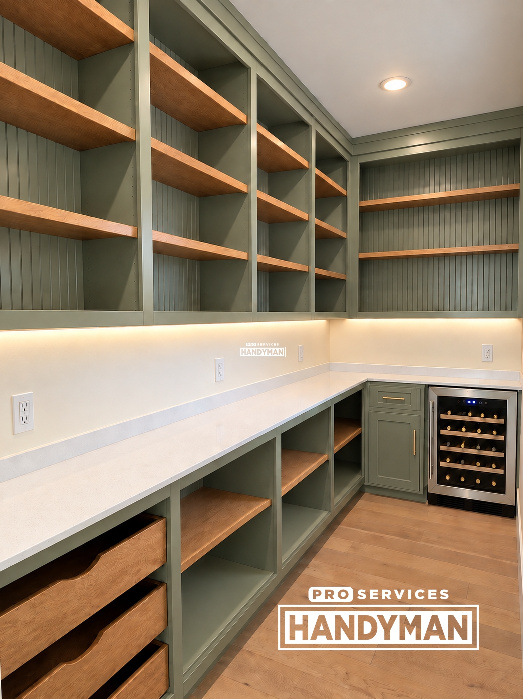 Pantry Shelving, Quartz Counter, Wine Cooler completed by Pro Services Handyman
