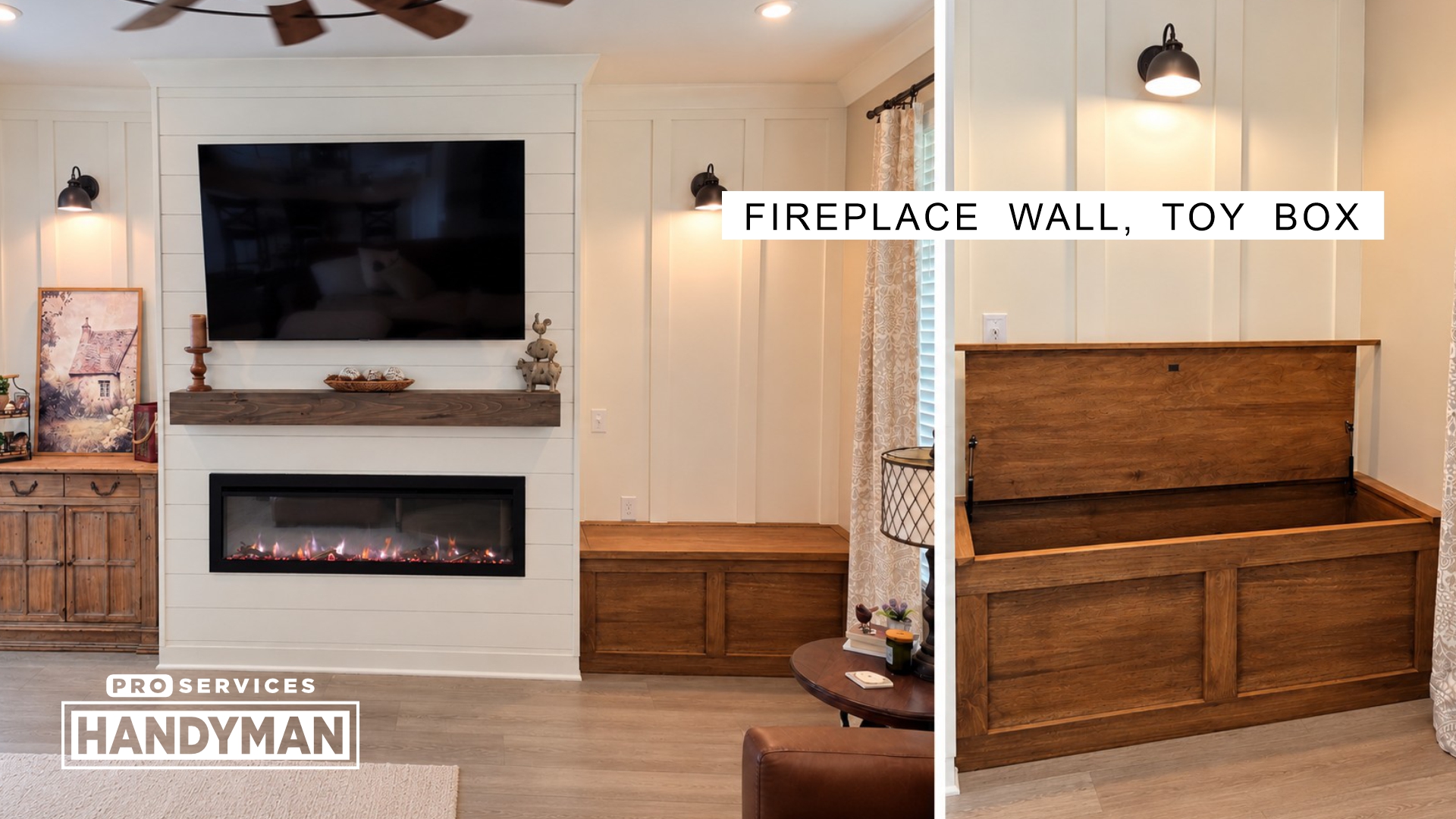 Fireplace Wall Remodel And Wood Toybox Build completed by Pro Services Handyman